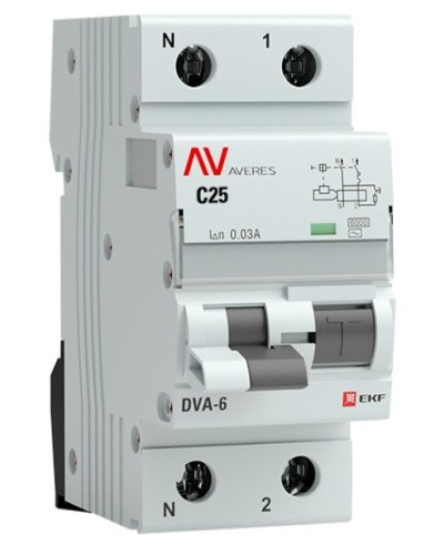 DVA-6 1P+N 25А (C) 30мА (AC) 6кА  AVERES (rcbo6-1pn-25C-30-ac-av). Автоматический выключатель дифференциального тока. EKF в Якутске