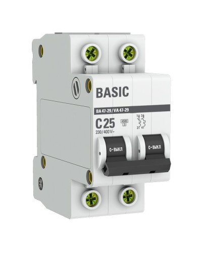 Автоматический выключатель 2P 25А (C) 4,5кА ВА 47-29 Basic (mcb4729-2-25C). Автоматический выключатель. EKF в Якутске