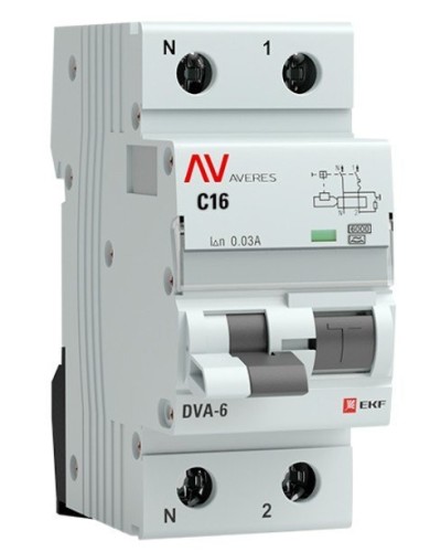 DVA-6 1P+N 16А (C) 30мА (A) 6кА  AVERES (rcbo6-1pn-16C-30-a-av). Автоматический выключатель дифференциального тока. EKF в Якутске
