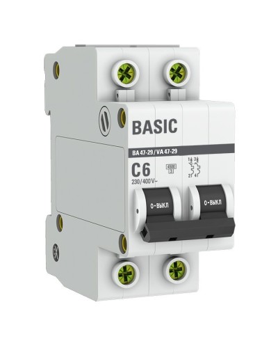 Автоматический выключатель 2P 6А (C) 4,5кА ВА 47-29 Basic (mcb4729-2-06C). Автоматический выключатель. EKF в Якутске