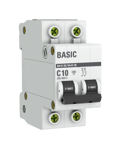 Автоматический выключатель 2P 10А (C) 4,5кА ВА 47-29 Basic (mcb4729-2-10C). Автоматический выключатель. EKF в Якутске