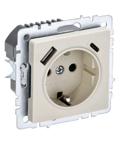 Розетка с з/к с USB A+C 18Вт РЮш11-1-БрКр бежевый BRITE (BR-R14-16-U22-018-K10). Розетка с заземлением с защитными шторками, 18Вт. IEK в Якутске