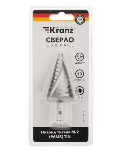 Сверло по металлу ступенчатое ТИТАН 9,0-36,0 мм 110 mm 65 HRC Р6М5 TiN Kranz (KR-12-6614): Сверло по металлу шлифованное в Якутске