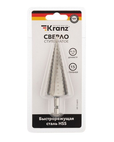 Сверло по металлу ступенчатое 4,0-32,0 мм 102 mm 62 HRC Kranz (KR-12-6603): Сверло по металлу шлифованное в Якутске